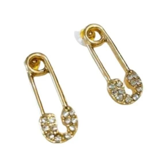 Safety Pin Gold Tone Bling Post Earrings - Picture 2 of 5
